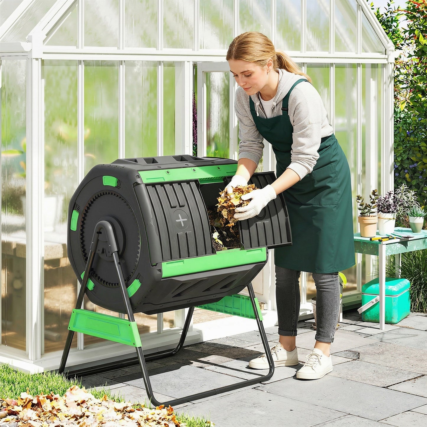 Outsunny Garden Compost Bin, 200L Dual Chamber Tumbling Composter with Adjustable Vents, BPA Free Compost Tumbler, Green
