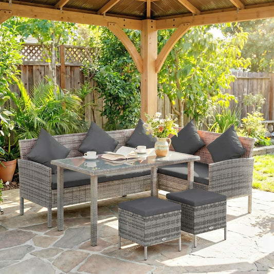Outsunny Tsunny 6-Seater Rattan Dining Set Sofa Table Footstool in Dark Grey