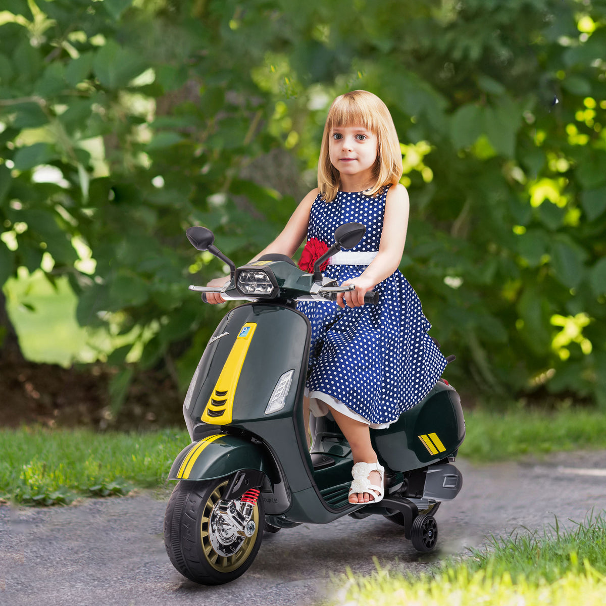 AIYAPLAY 12V Vespa Licensed Kids Electric Motorbike w/ Music in Green