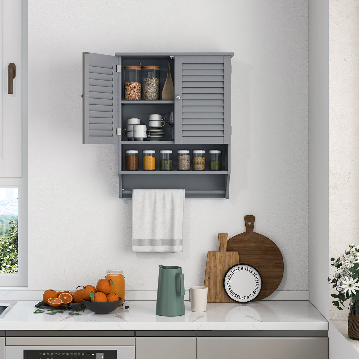 Bathroom Wall Cabinet with 2 Doors and 3-Position Adjustable Shelf-Grey