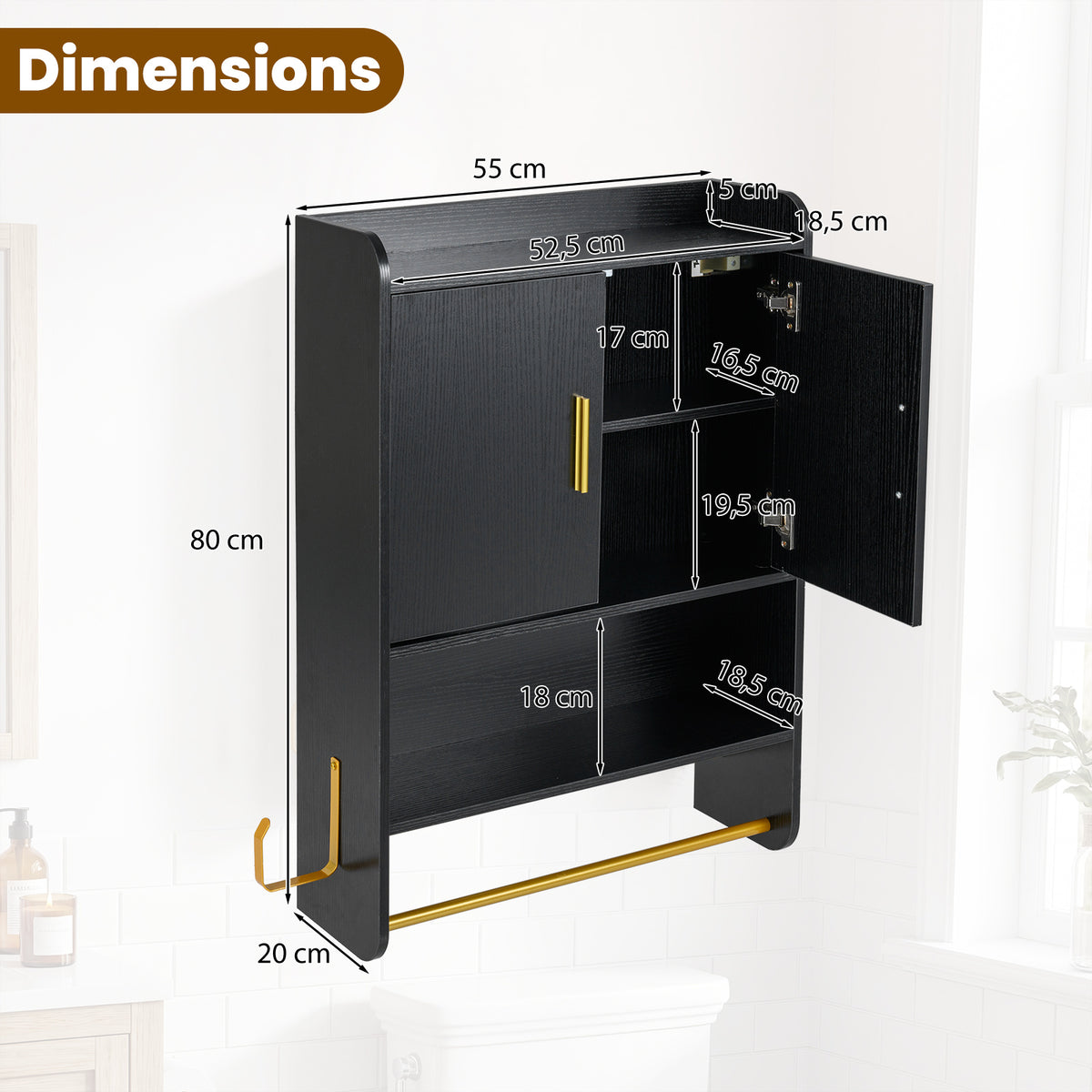 Bathroom Wall Cabinet with Open Shelves and Adjustable Shelf-Black