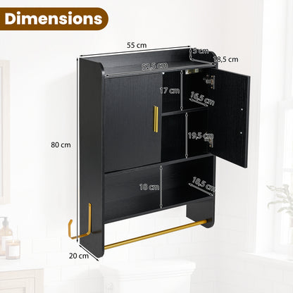 Bathroom Wall Cabinet with Open Shelves and Adjustable Shelf-Black