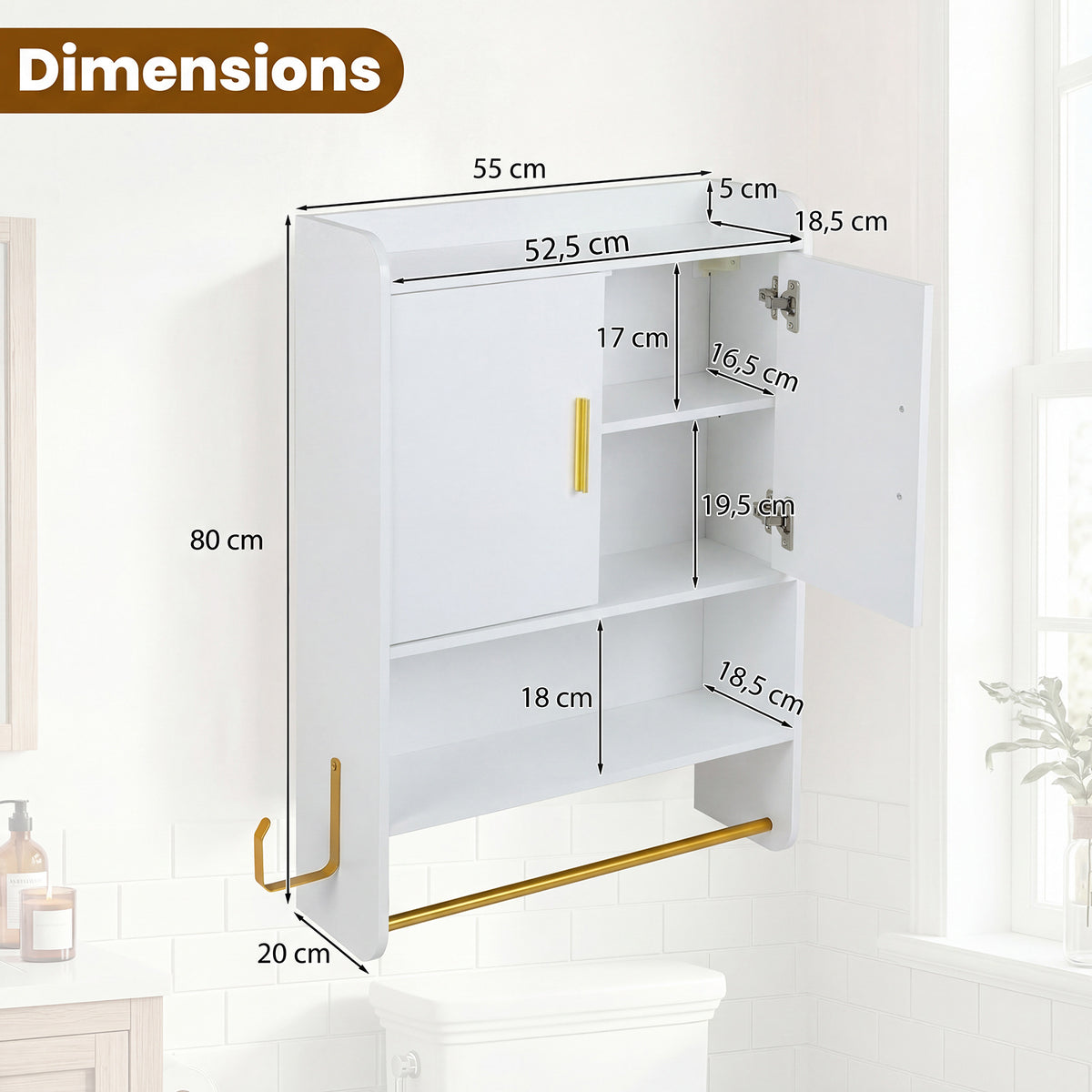 Bathroom Wall Cabinet with Open Shelves and Adjustable Shelf-White