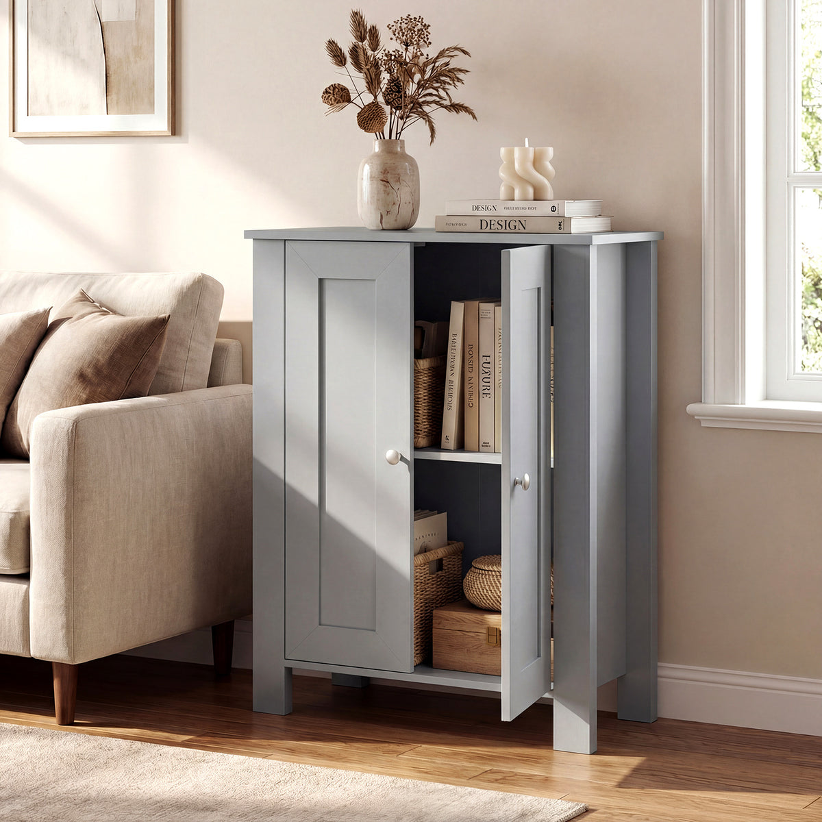 Bathroom Floor Cabinet with Double Doors Freestanding Wooden Storage-Grey