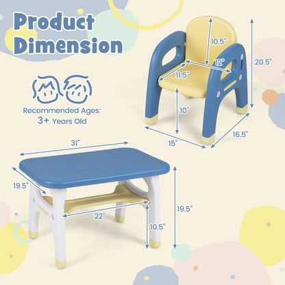 Kids Table and 2 Chairs Set with Storage Shelf and Building Blocks-Blue