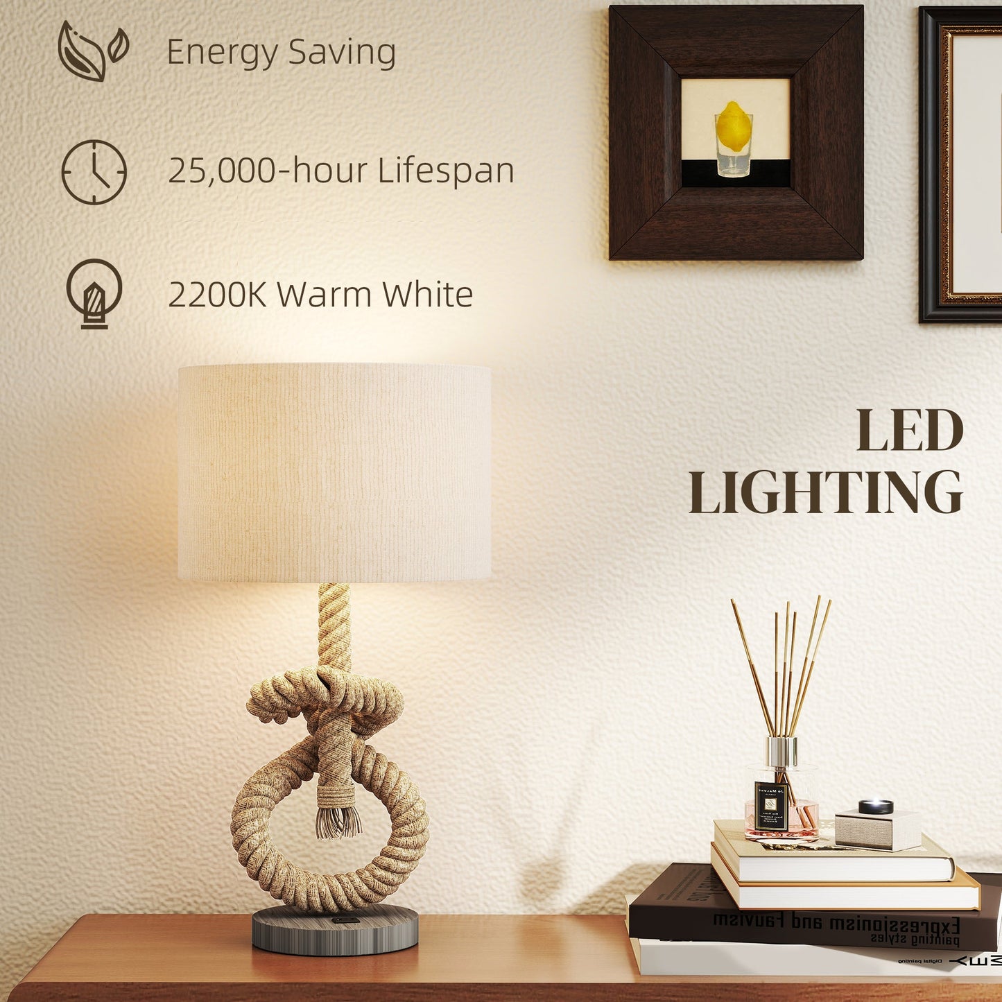 HOMCOM Nautical Table Lamps Set of 2 with USB Charging Port, Bedside Lamps for Bedroom Living Room, Warm White LED Bulb Included, with Hemp Rope, Natural