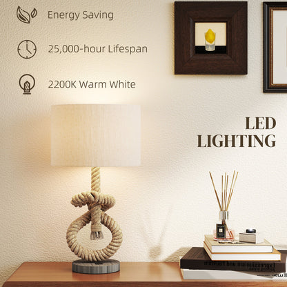 HOMCOM Nautical Table Lamps Set of 2 with USB Charging Port, Bedside Lamps for Bedroom Living Room, Warm White LED Bulb Included, with Hemp Rope, Natural