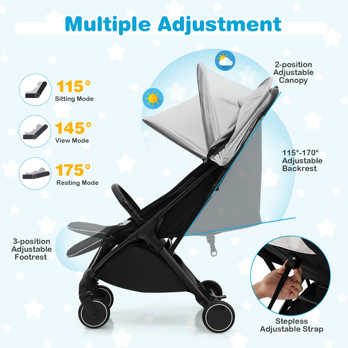 Lightweight Baby Stroller with Detachable Seat Cover-Grey