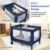 2-in-1 Foldable Baby Playpen with Lockable Wheels and Mattress-Blue