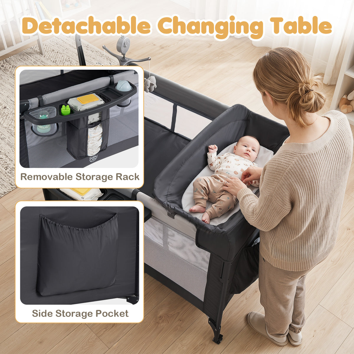 5 in 1 Baby Pack and Play Infant Bedside Sleeper with Mattress-Black
