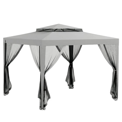 Outsunny 3 x 3 m Gazebo, Netting Party Tent, Patio Canopy Outdoor Event Shelter with Double Tier Roof, Light Grey