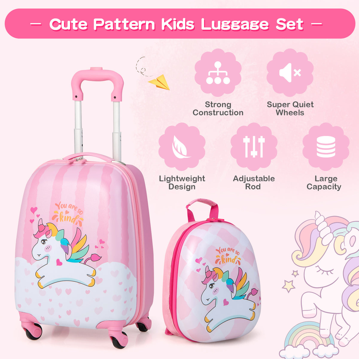 2 Piece Kids Luggage Set with Spinner Wheels and Lightweight Design-Pink