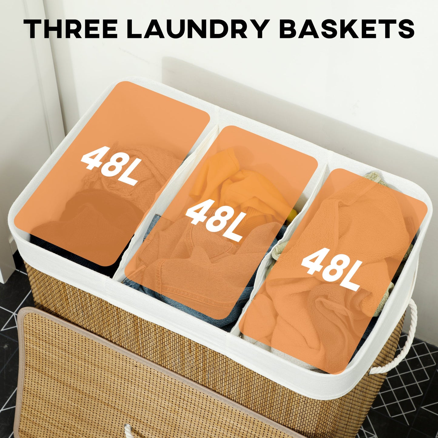 HOMCOM 3 Section Laundry Basket with Lid, 144L Bamboo Laundry Hamper with Handles, Removable and Washable Liner, Brown