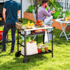 Outsunny BBQ Trolley with Stainless Steel Top Adjustable Shelf, Outdoor Kitchen Barbecue Station with Hooks Seasoning Tray Towel Rack, Pizza Oven Table Movable Grill Dining Cart with Cover, Black