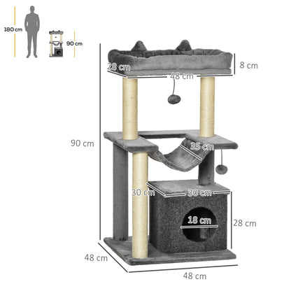 PawHut Cat Tree, 90cm Cat Tower with Sisal Scratching Posts, Cat Condo, Hammock, Top Perch and 2 Hanging Toys for Cats, Grey