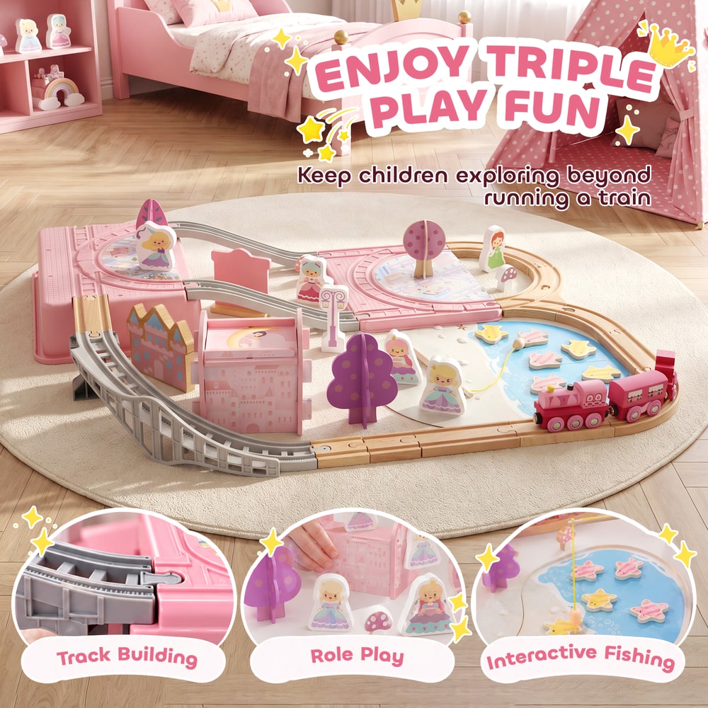 AIYAPLAY Wooden Train Set, 58PCS Train Track Set with 17 Track Pieces, 5 Princess Figures and Accessories