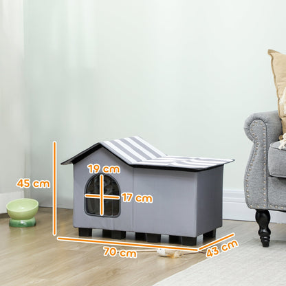 PawHut Outdoor Cat House, Weather Resistant Feral Cat Cave with Elevated Base and Cushion for Winter, Grey