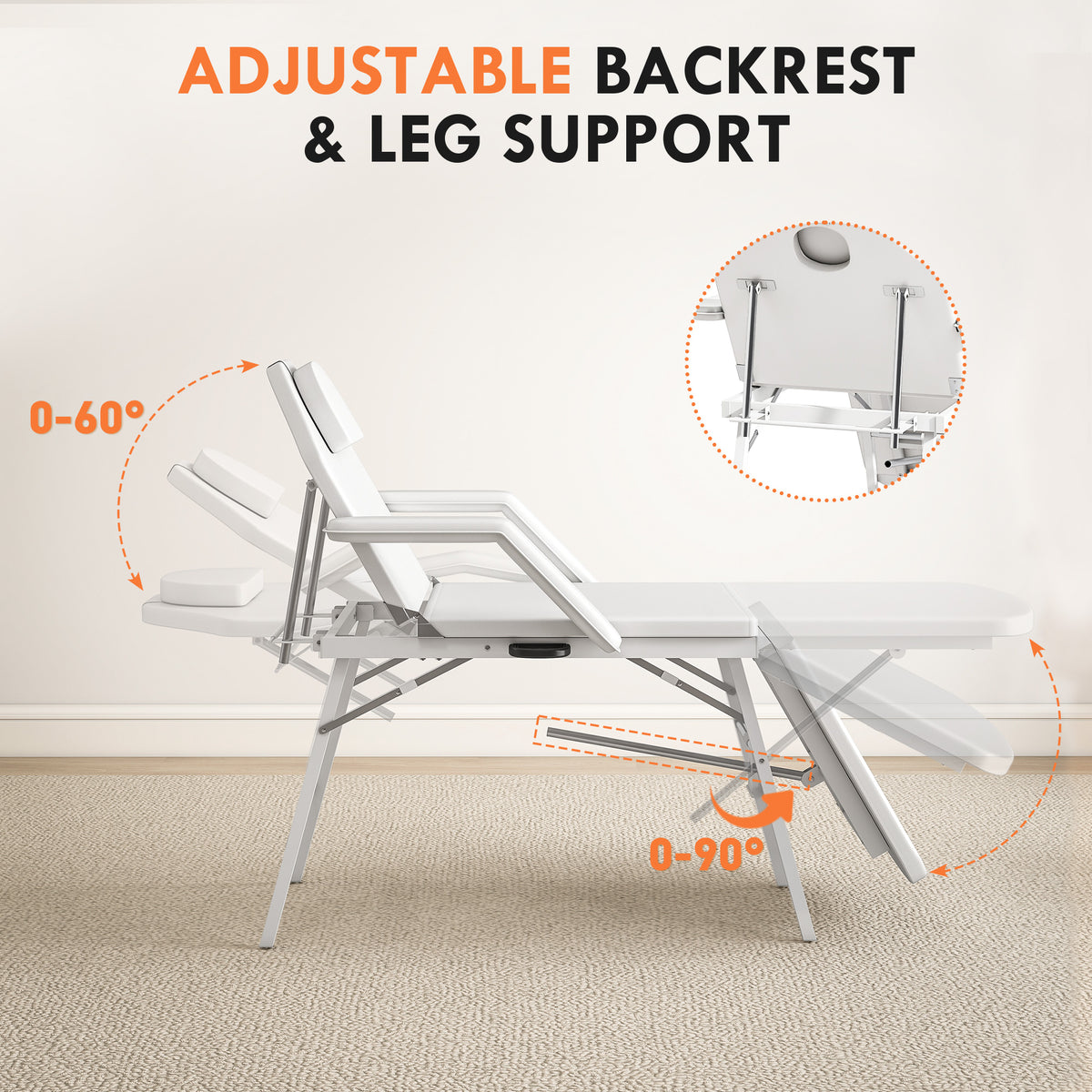 HOMCOM Portable Massage Table, 3 Section Adjustable Beauty Bed, Foldable Massage Bed with Face Hole, Recliner Chair with Removable Headrest and Armrests for Spa, Lash, Tattoo, White