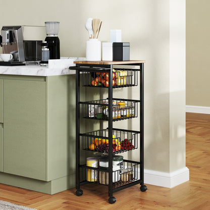 HOMCOM Four Basket Mobile Kitchen Island, with Brakes - Oak/Black