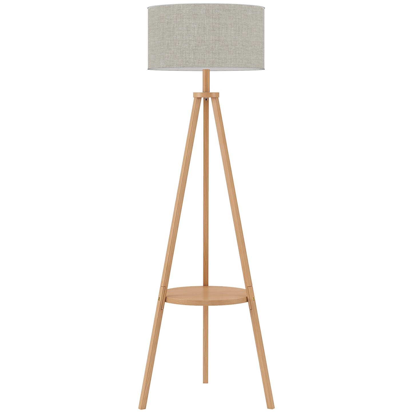 HOMCOM Bedside Light, Tripod Floor Lamp with Storage Shelf and Linen Shade for Living Room, 160cm, Natural Wood Colour