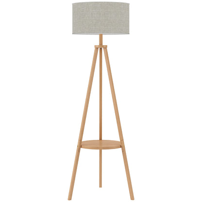 HOMCOM Bedside Light, Tripod Floor Lamp with Storage Shelf and Linen Shade for Living Room, 160cm, Natural Wood Colour