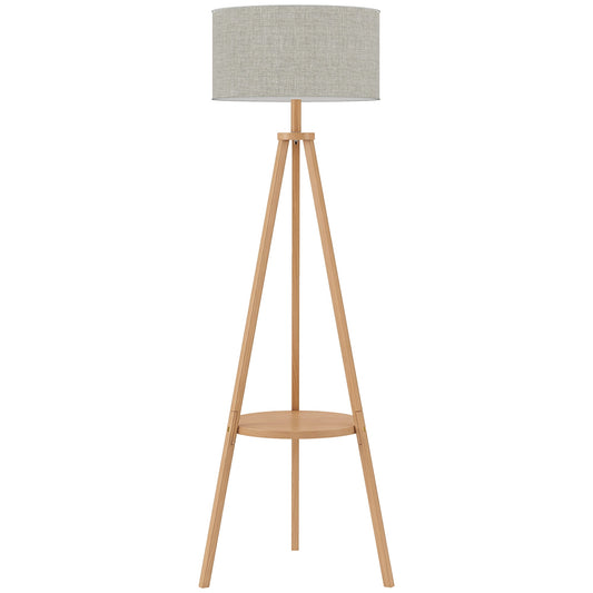 HOMCOM Bedside Light, Tripod Floor Lamp with Storage Shelf and Linen Shade for Living Room, 160cm, Natural Wood Colour