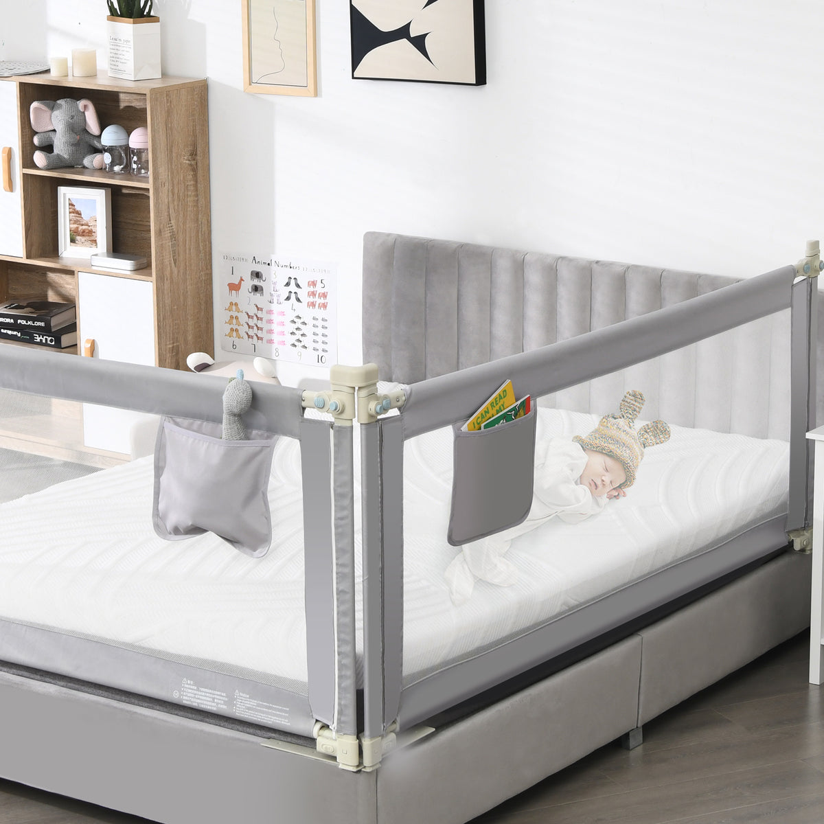196cm Height Adjustable Bed Rail with Double Safety Lock for Toddlers-Grey