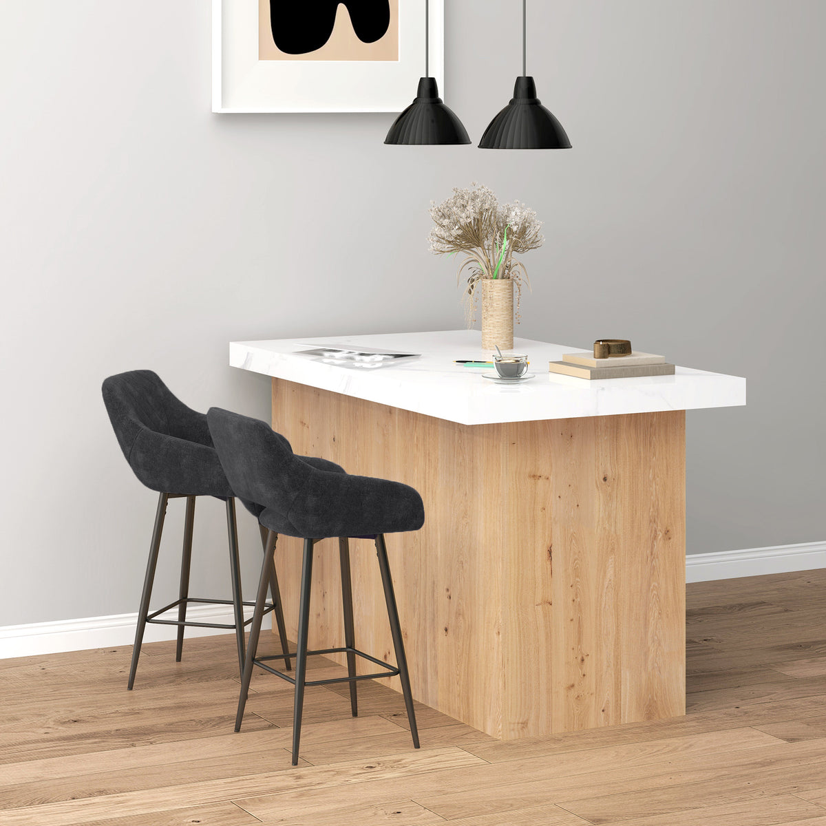 HOMCOM Set of Two Velvet-Feel Bar Stools in Dark Grey