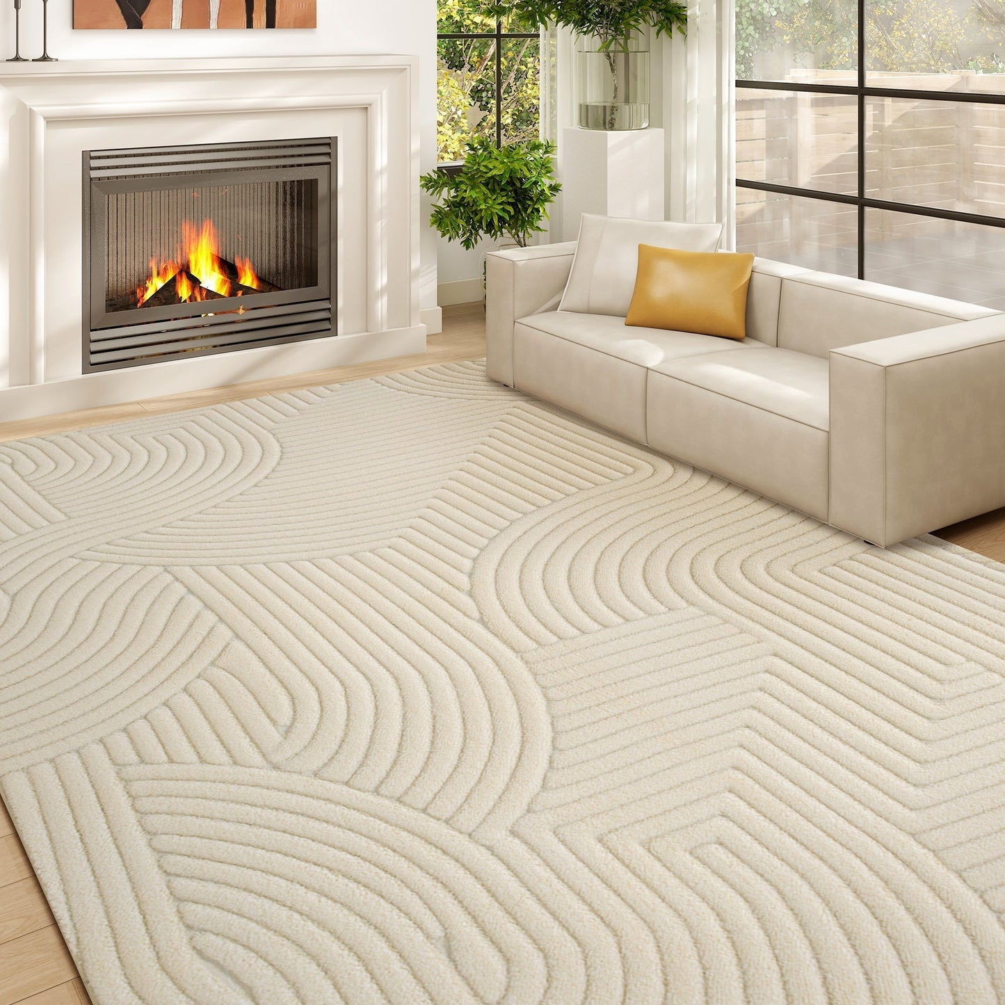 HOMCOM Modern Geometric Rug, Thick & Plush, Non-Slip, 160 x 120 cm - Cream, Living Room/Bedroom/Office