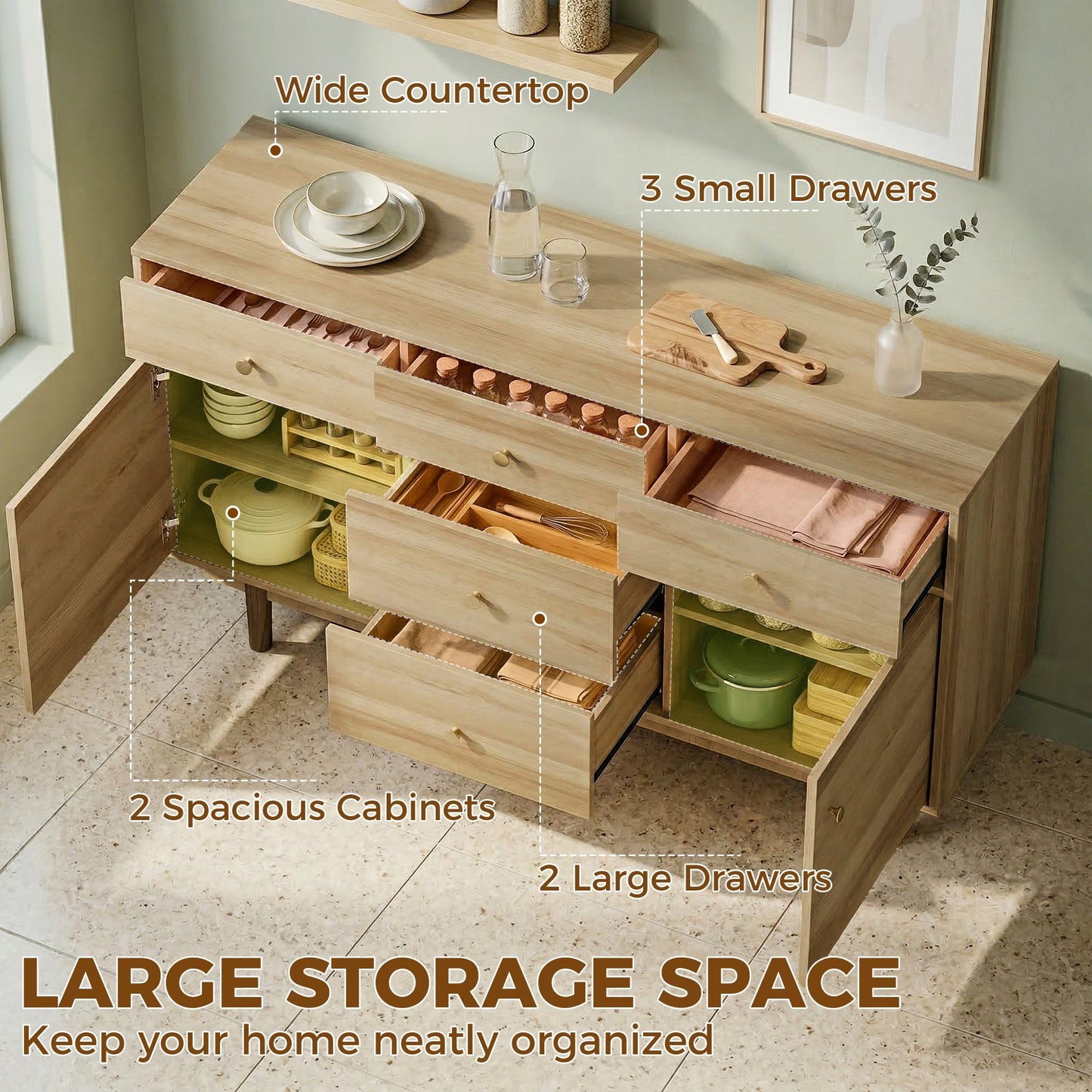 HOMCOM Sideboard with 5 Drawers and 2 Cabinets Buffet Cabinet with Solid Wood Legs 136 cm Walnut
