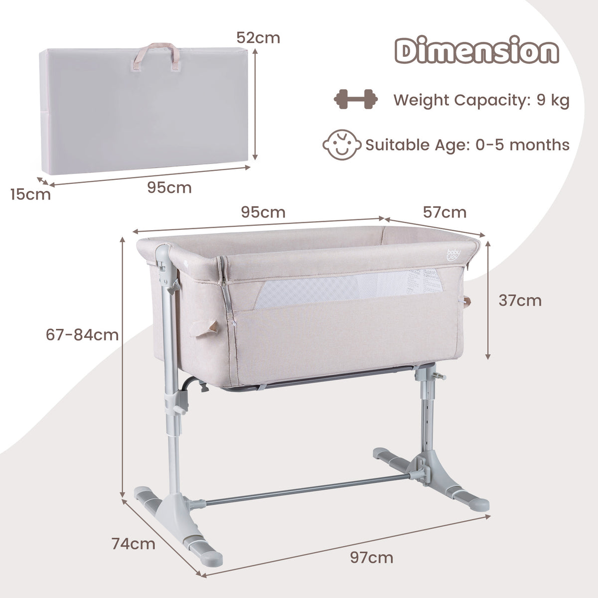 Baby Bassinet Crib Bedside Sleeper with Adjustable Height-Beige