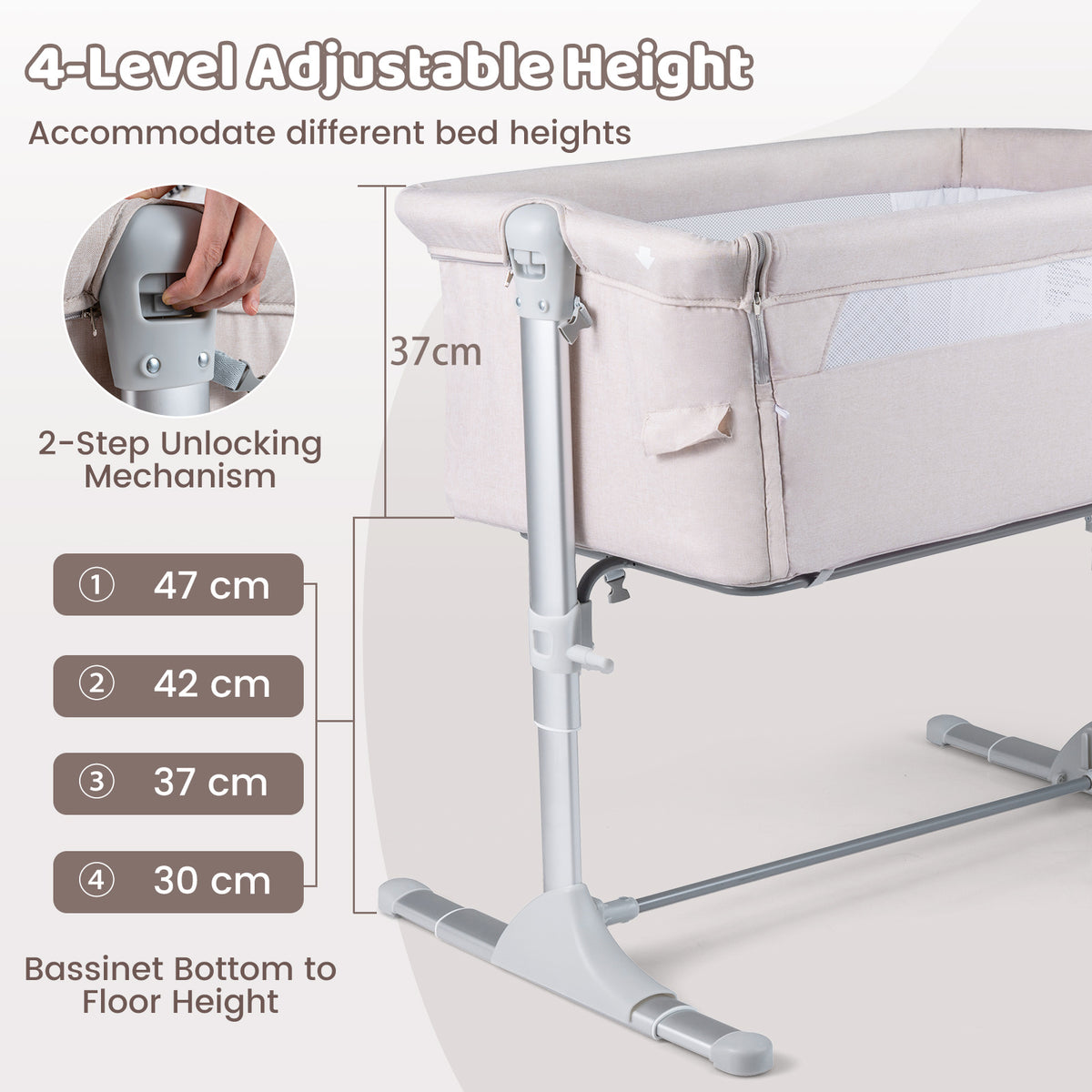 Baby Bassinet Crib Bedside Sleeper with Adjustable Height-Beige