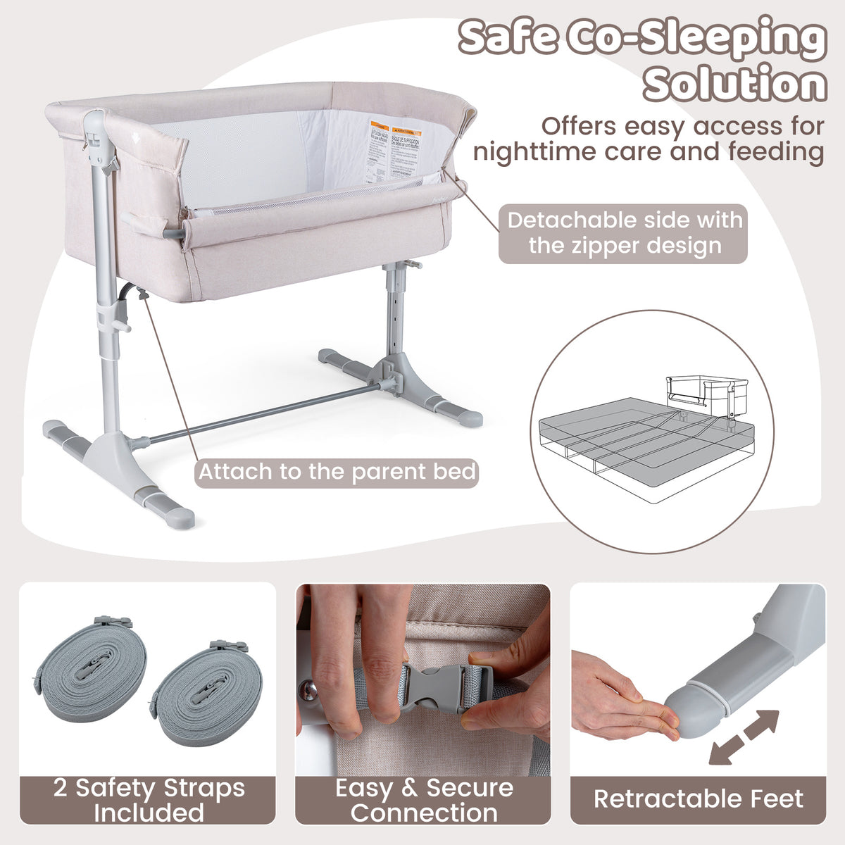 Baby Bassinet Crib Bedside Sleeper with Adjustable Height-Beige