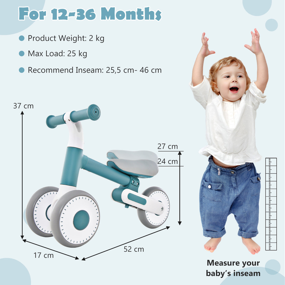 The balance bike shown with dimensions and a child standing next to it for scale