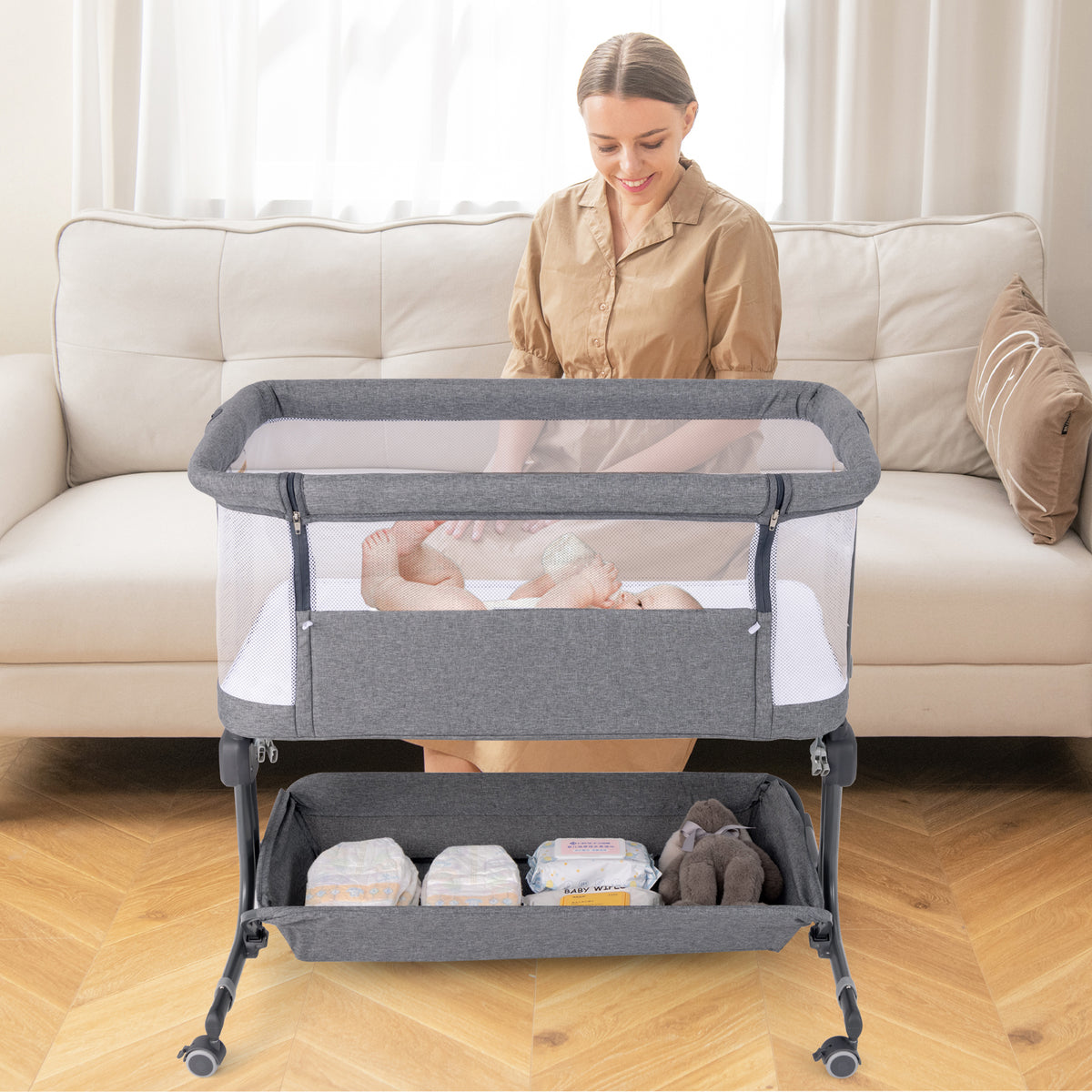 Baby Bassinet Bedside Sleeper with 6-Level Adjustable Height and Storage Shelf-Dark Grey