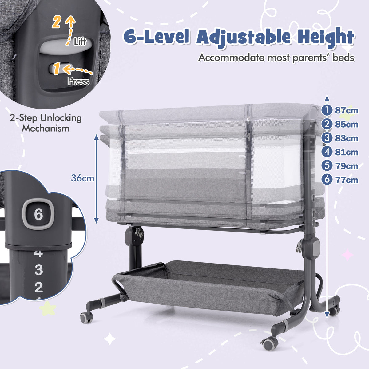 Baby Bassinet Bedside Sleeper with 6-Level Adjustable Height and Storage Shelf-Dark Grey