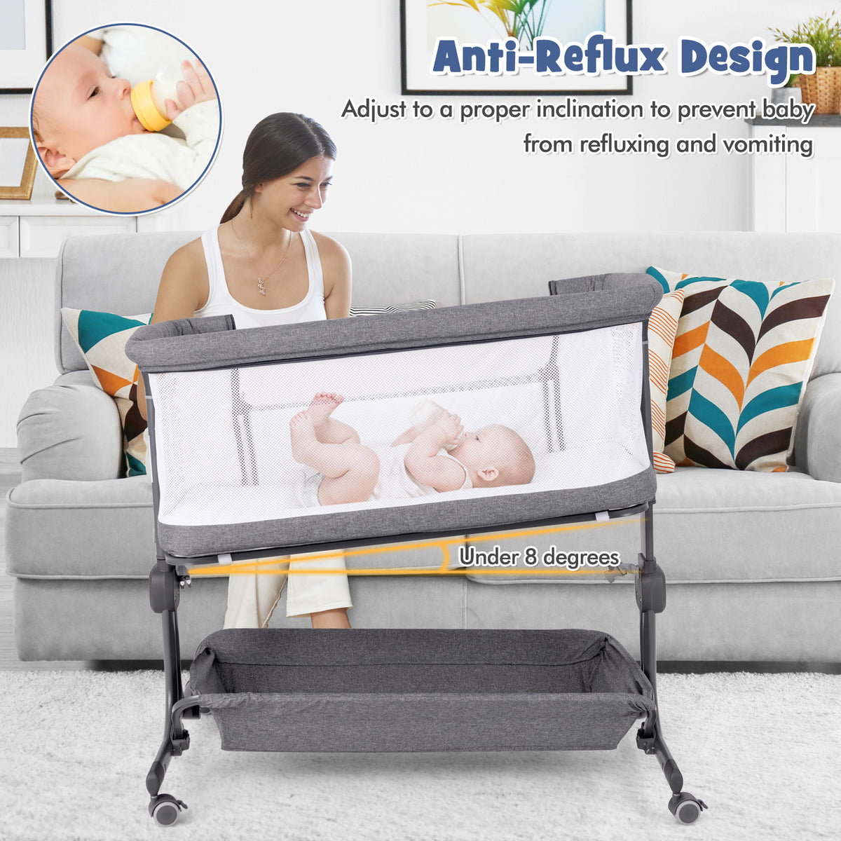 Baby Bassinet Bedside Sleeper with 6-Level Adjustable Height and Storage Shelf-Dark Grey