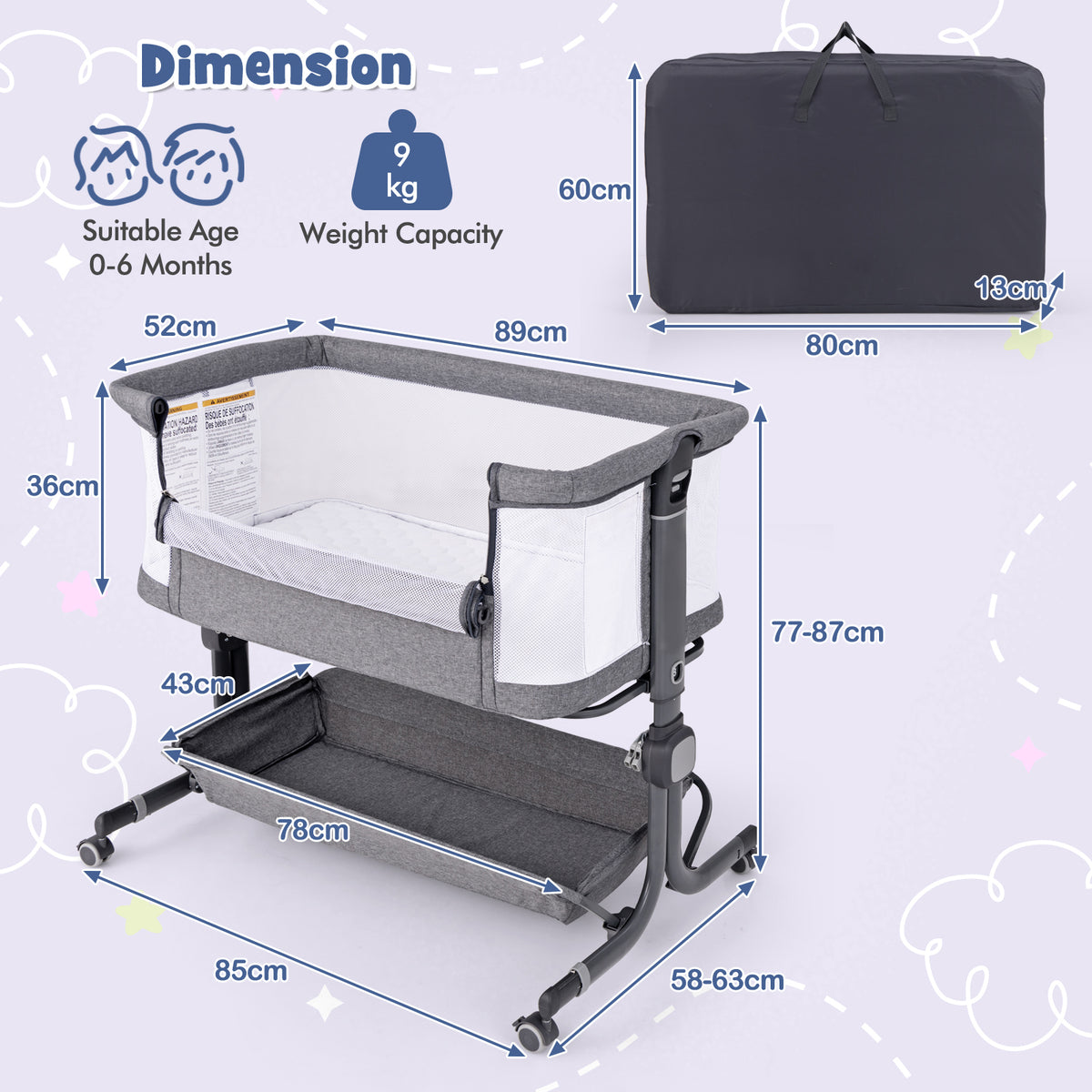 Baby Bassinet Bedside Sleeper with 6-Level Adjustable Height and Storage Shelf-Dark Grey
