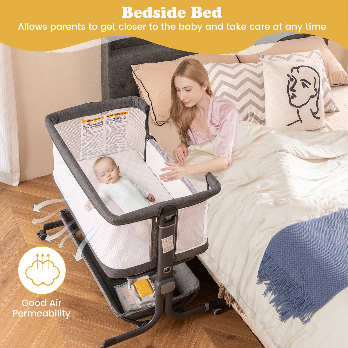 Baby Bassinet Bedside Sleeper with 6-Level Adjustable Height and Storage Shelf-Grey