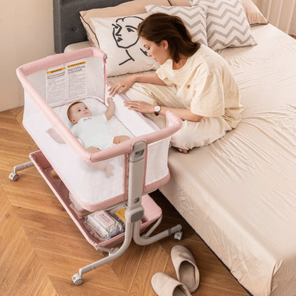 Baby Bassinet Bedside Sleeper with 6-Level Adjustable Height and Storage Shelf-Pink