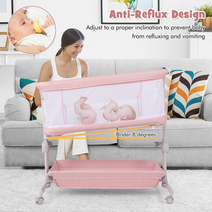 Baby Bassinet Bedside Sleeper with 6-Level Adjustable Height and Storage Shelf-Pink