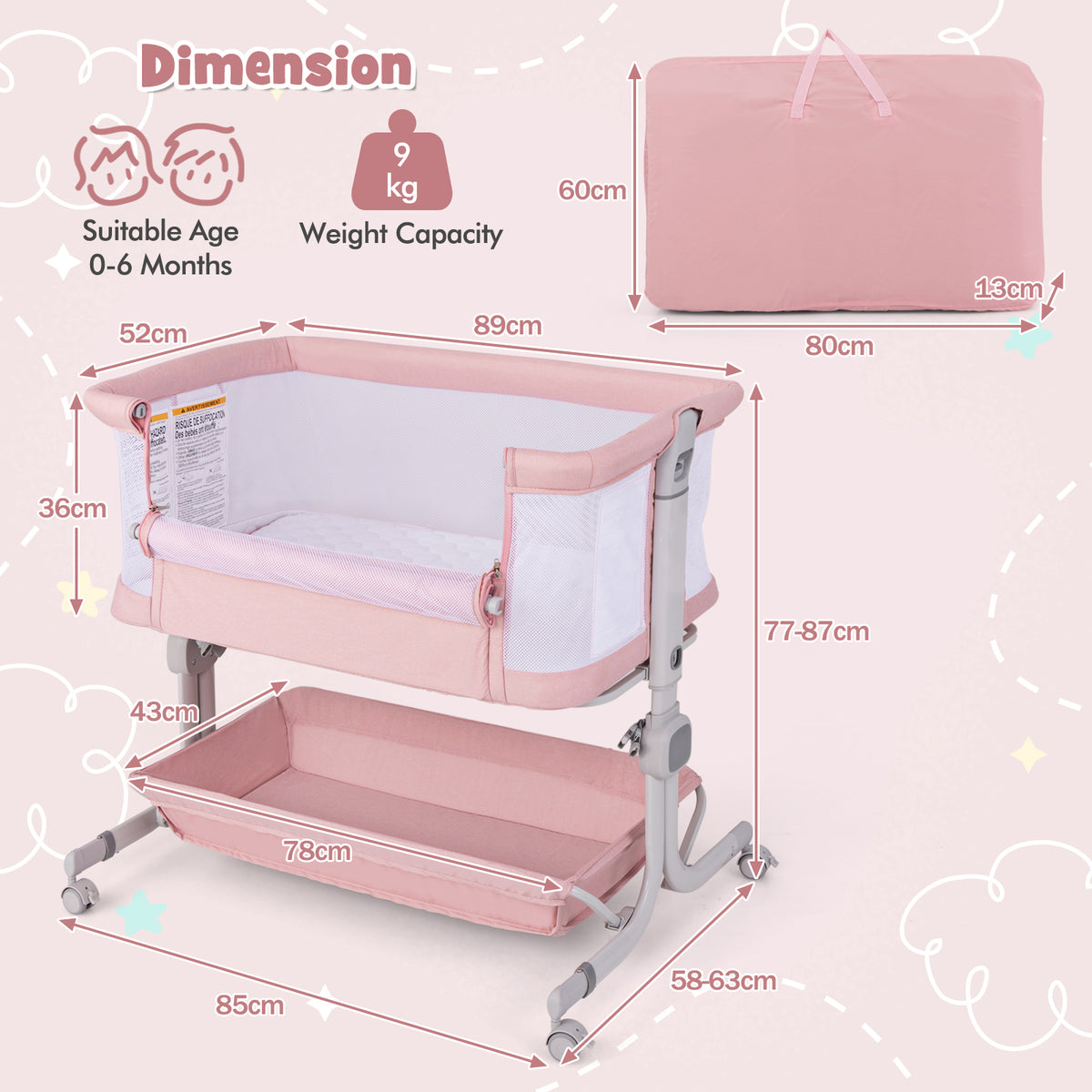 Baby Bassinet Bedside Sleeper with 6-Level Adjustable Height and Storage Shelf-Pink