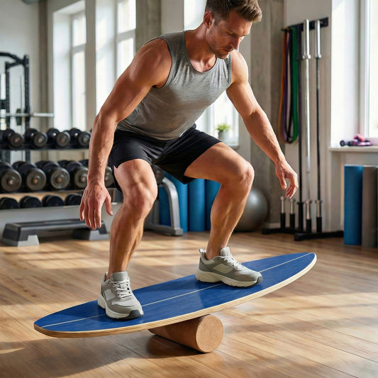 A man balancing on a blue wooden board with a cork roller in a gym setting