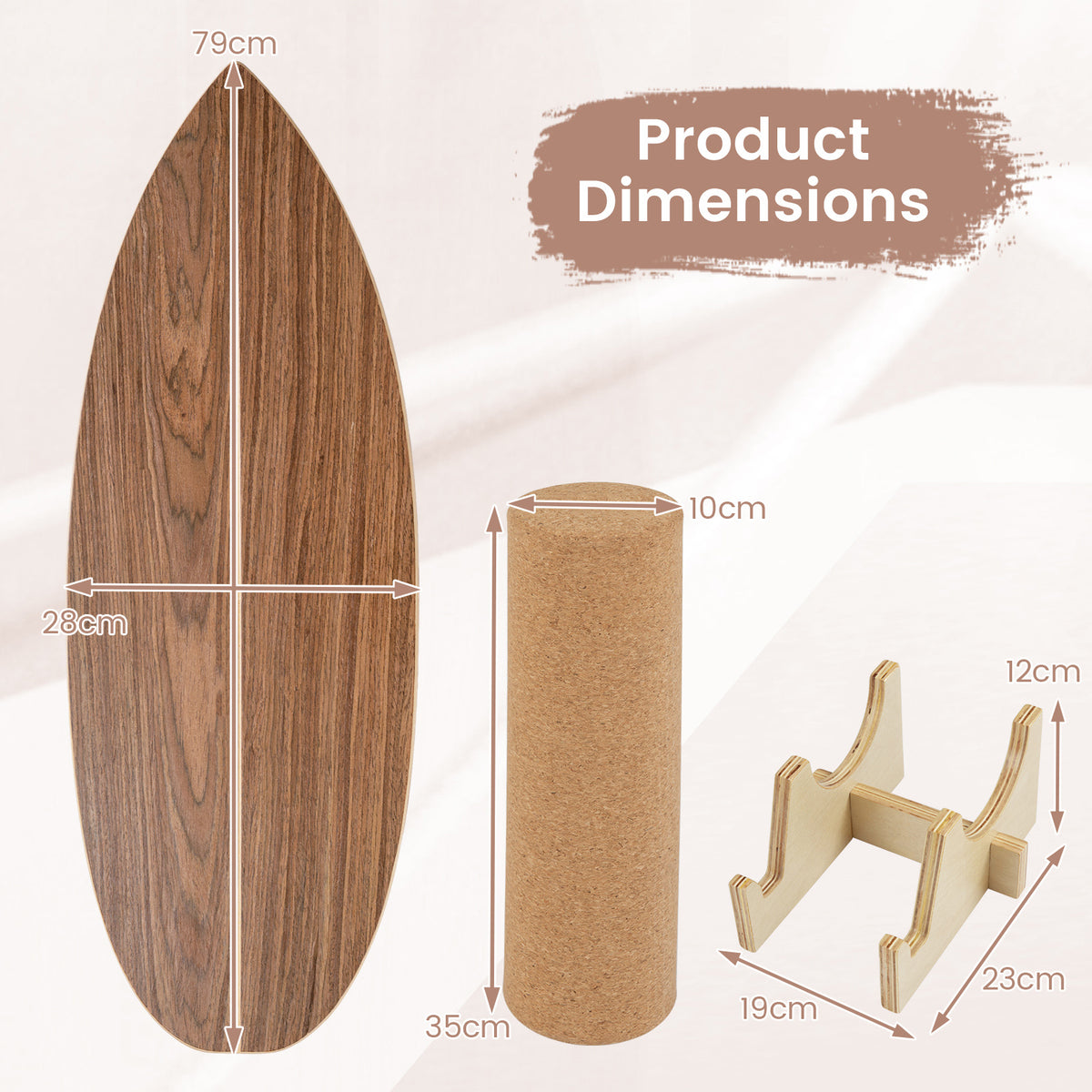 The sport equipment showing the wooden board, roller and storage rack with dimensions
