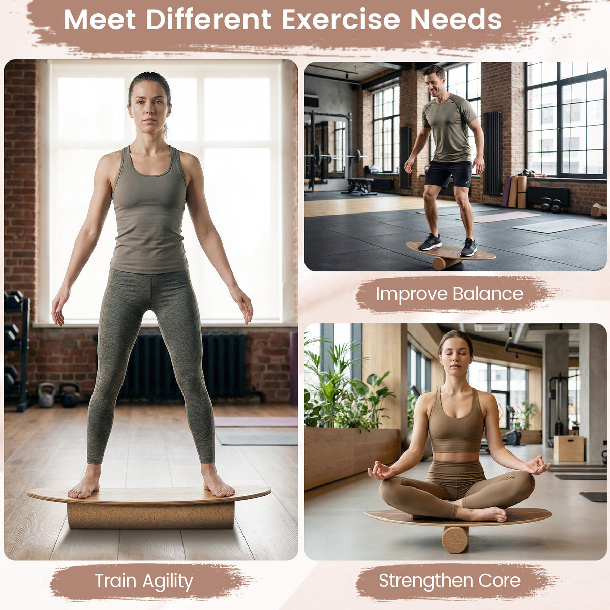 The sport equipment shown in three different exercise positions for training and yoga