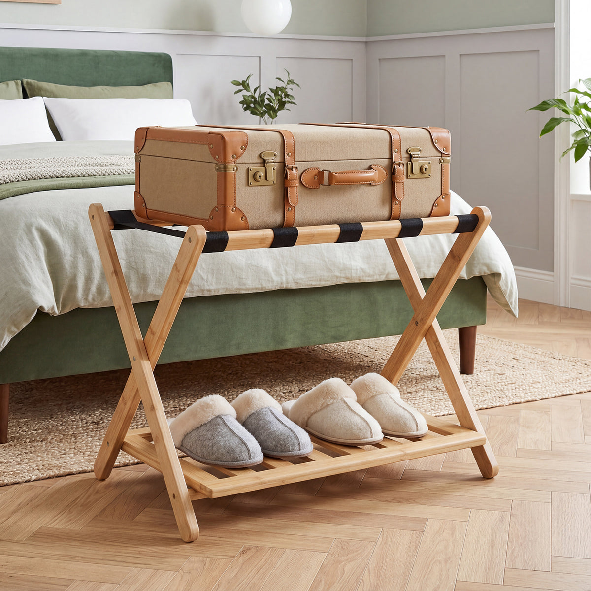 Bamboo Folding Luggage Rack with Straps and Storage Shelves for Guest Room-Natural