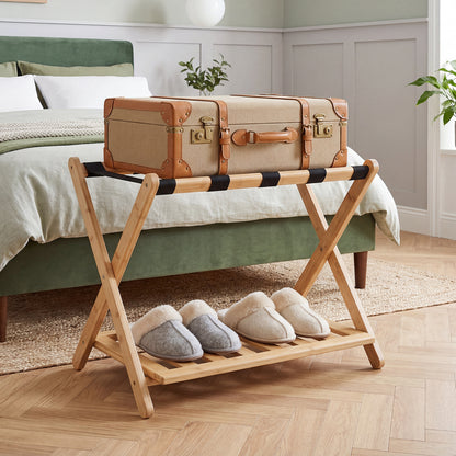 Bamboo Folding Luggage Rack with Straps and Storage Shelves for Guest Room-Natural
