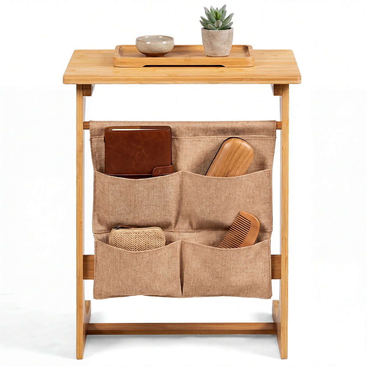Bamboo Side Table C-Shaped Sofa End Table Laptop Desk-Natural