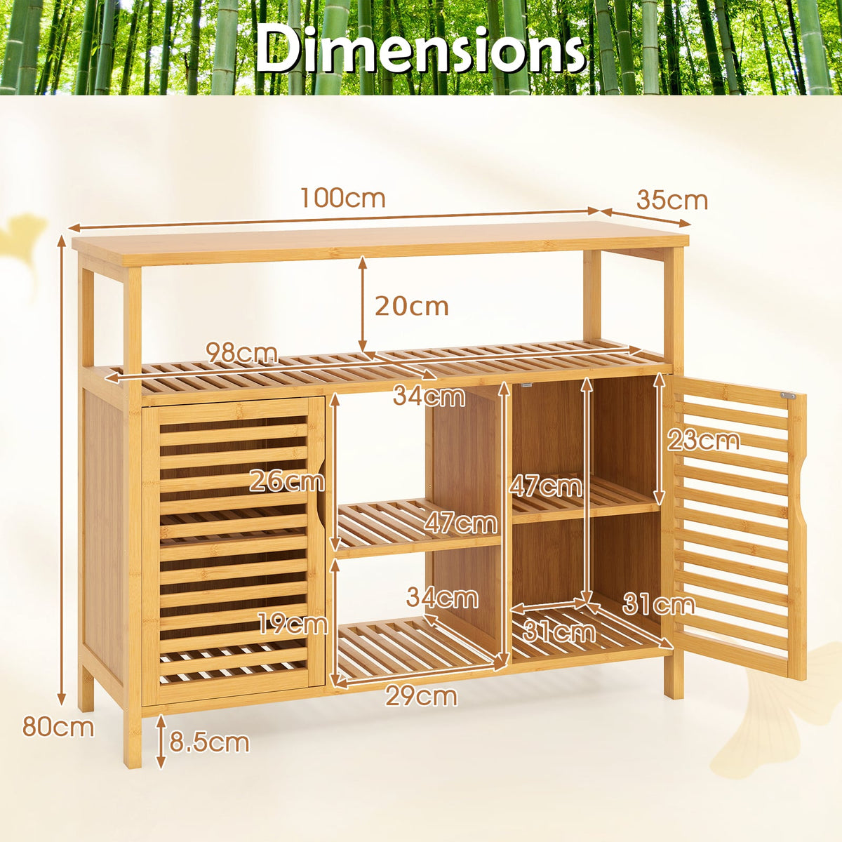 Bamboo Bathroom Cabinet 2-Door Storage Organizer with Shelves-Natural