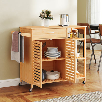 Bamboo Kitchen Island Cart Rolling Storage Sideboard with Towel Bar-Natural